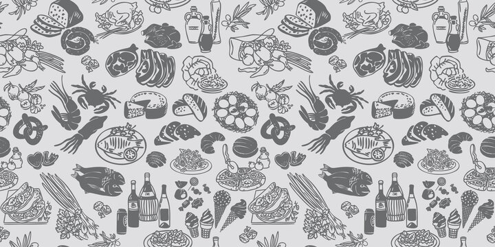 Seamless food pattern. Vector doodle with food icons. Background elements for menu, cafe, shop. Outline, Silhouette