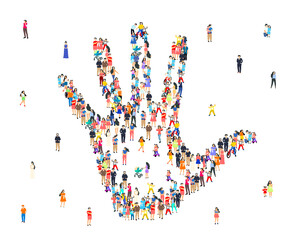 People hand sign, happy group of people, life forum. Vector