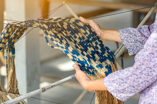 Fabric that has been dyed with indigo Ready for weaving, Sakon Nakhon, Thailand