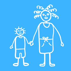 Silhouette of mama and son walking together outdoors, smiling and holding hands,  vector
