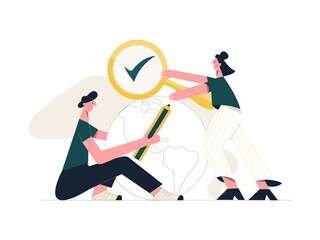 Fact check concept. Male and female characters with magnifying glass and pencil checking Earth. Verification accuracy facts. Man and woman exploring data. Flat vector illustration isolated on white
