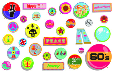 set of 1960's pins buttons and patches. bright colors fun cool and groovy