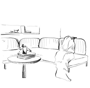 Room Interior Sketch. Hand Drawn Sofa. Furniture