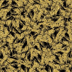 Gold glitter and black tropical seamless pattern. High quality illustration. Digital glitter texture in the shape of tropical palm tree leaves overlayed on a black background. Seamless design.
