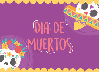 day of the dead, skulls wiht hat and flowers invitation card, mexican celebration