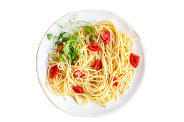 spaghetti pasta tomato warm salad noodles vegetables macaroni semola durum wheat on the table serving size top view place copy space for text food background rustic