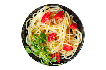 spaghetti pasta tomato warm salad noodles vegetables macaroni semola durum wheat on the table serving size top view place copy space for text food background rustic