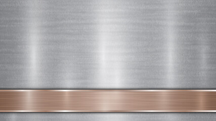 Background consisting of a silver shiny metallic surface and one horizontal polished bronze plate located below, with a metal texture, glares and burnished edges