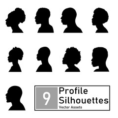 set of 9 silhouettes from profile view