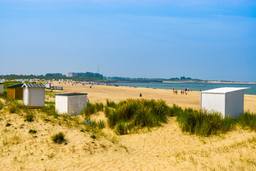 The sand dunes of Breskens with cottages and view on the touristic beach, Zeeland, The Netherlands