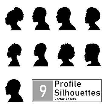 set of 9 silhouettes from profile view