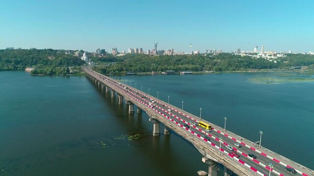 Aerial drone footage. Fly above Paton's bridge during reconstruction
