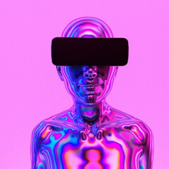 Human in VR glasses on pink background. 3D rendering Conceptual illustration of Robotics,...