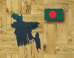 Map and flag of Bangladesh, Countrie in Asia, on wooden background, 3D illustration
