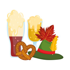 oktoberfest festival, beers with foam hat and pretzel, celebration germany traditional