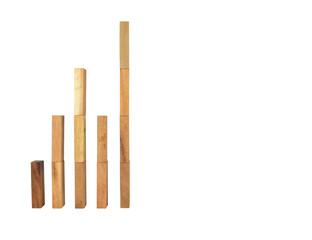 Bar chart isolated on white background and built from wooden toy blocks stacked vertically on top of each other