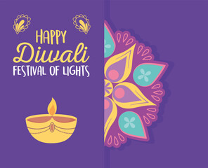 happy diwali festival, floral mandala candle light spiritual event, vector design