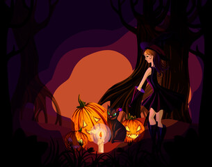 
stylized Halloween poster design. Image of a cute witch surrounded by pumpkins, a cat  in a dark fairy-tale forest, lit only by candles. EPS10