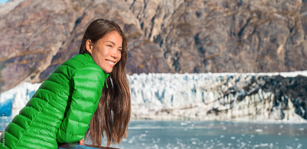 Canvas Prints Alaska cruise travel tourist looking at inside passage Glacier Bay National Park. Banner of happy tourist enjoying sightseeing of USA ship destination.