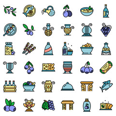 Greece food icons set. Outline set of greece food vector icons thin line color flat on white