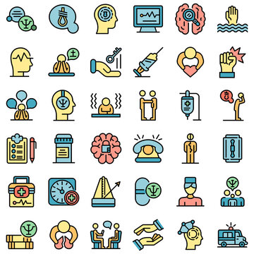 Supporting Mental Health Icons Set. Outline Set Of Supporting Mental Health Vector Icons Thin Line Color Flat On White