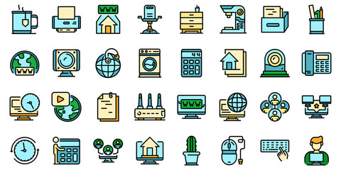 Home office icons set. Outline set of home office vector icons thin line color flat on white