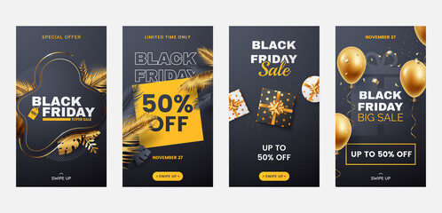 Black Friday stories template collection. Sale banners set for social media, mobile apps. Design of promo banners in black and gold luxury style with decoration elements. Vector eps 10