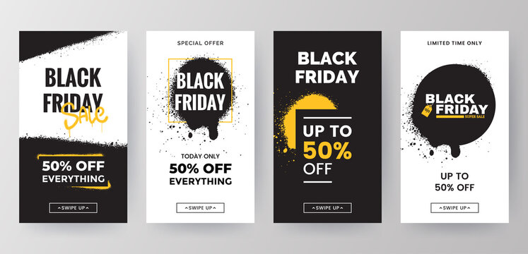 Black Friday sale social media stories template collection. Sale banners design in grunge style. Backgrounds for mobile app screen with graffiti paint splashes. Vector Eps 10.
