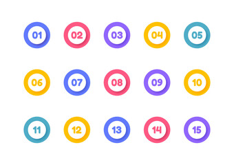 Super set bullet point on white background. Colorful markers with number from 1 to 15. Modern vector illustration