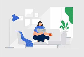 Woman is sitting on a sofa and reading a book in a cozy room. Trendy flat vector illustration.