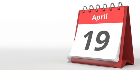 April 19 date on the flip calendar page, 3d rendering
