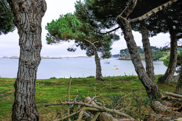 Ile de Brehat, France - August 27, 2019: Coastal landscape at picturesque Ile de Brehat island in Cotes-d'Armor department of Brittany, France