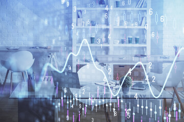 Double exposure of financial graph drawing and office interior background. Concept of stock market.