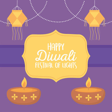 happy diwali festival, hanging lanterns and diya lapms with candles festival of lights, vector design