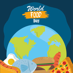 world food day, healthy lifestyle meal planet with fish meat burger hot dog