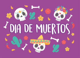 day of the dead, mexican celebration sugar skulls flowers hat cactus and bones background