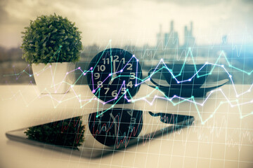 Double exposure of forex graph drawing and cell phone background. Concept of financial data analysis