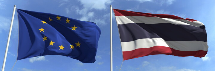 Flying flags of the European Union and Thailand on sky background, 3d rendering