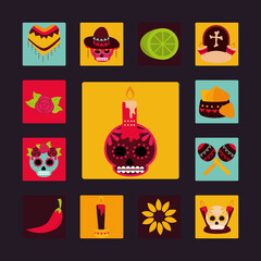 day of the dead, mexican celebration decoration traditional flat black background block and flat pack icons