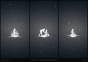 Naklejka premium Children on bikes in space. Mother with child white silhouettes. Woman teaching boy to ride bicycle. Black and white vertical backgrounds with stars and glowing outline. Vector illustration set
