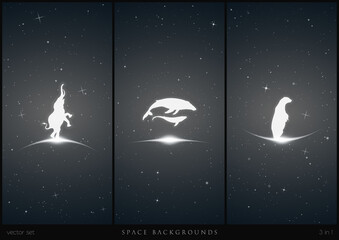 Animal silhouettes. Elephant, whale, bear. Abstract starry vector set