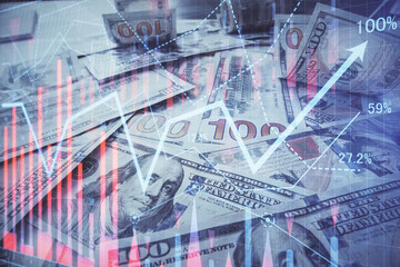 Multi exposure of forex chart drawing over us dollars bill background. Concept of financial success markets.