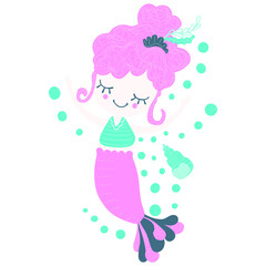 Illustration of smiling cartoon mermaid girl, shell and bubbles on a white background in the Scandinavian style. Cute isolated nautical design for printing on baby clothes, t-shirt, sticker. Vector.