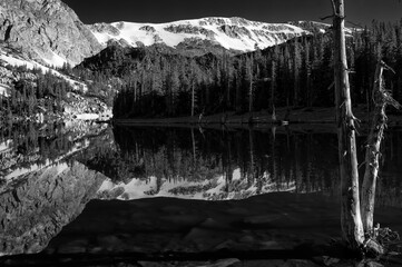 Medicine Bow Peak reflected in Mirror Lake;  Snowy Range;  Wyoming - Powered by Adobe