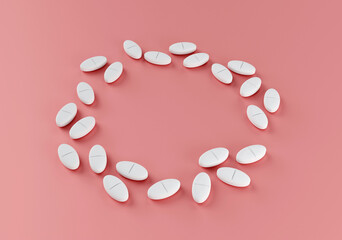 White pills form a circle on the pink table. Medical, pharmacy and healthcare concept. Copy space. Empty place for text. 3d render