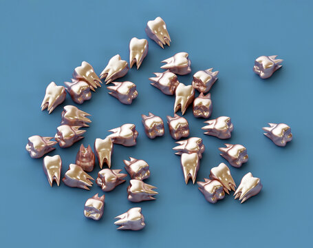 Golden teeth, gold crown teeth on blue background. 3d render