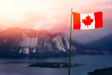 Canadian Flag Composite. Beautiful View of Nature Landscape on top of Nares Mountain during fall season. Located in Carcross, near Whitehorse, Yukon, Canada.