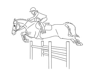 Young female rider on pony jumping over hurdle on equestrian sport competition