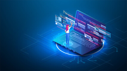 Remote employee's laptop is on table and communicates with online office. work at home. Girl using a computer, concept of working and video conferencing. User display digital control science panel.
