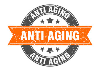 anti aging round stamp with ribbon. label sign